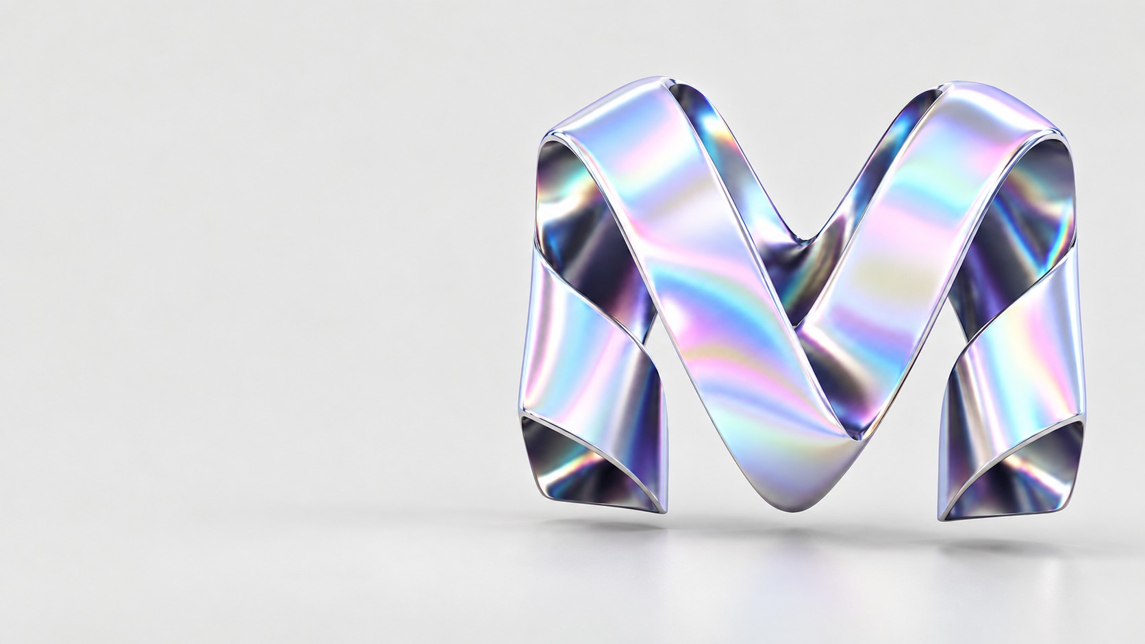 A sculptural M formed from intersecting iridescent metal ribbons